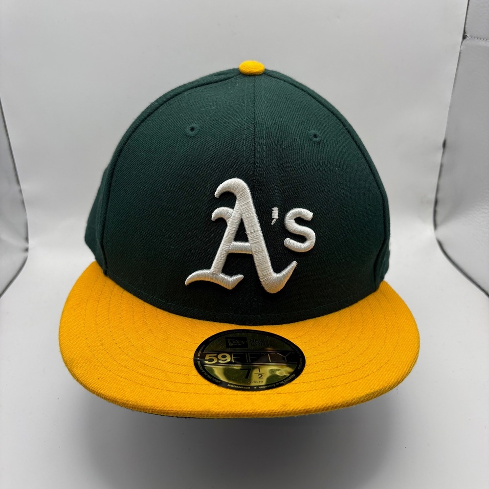 New Era Oakland Athletics MLB 59FIFTY‎ Fitted Hat Green Yellow Size 7 1/2